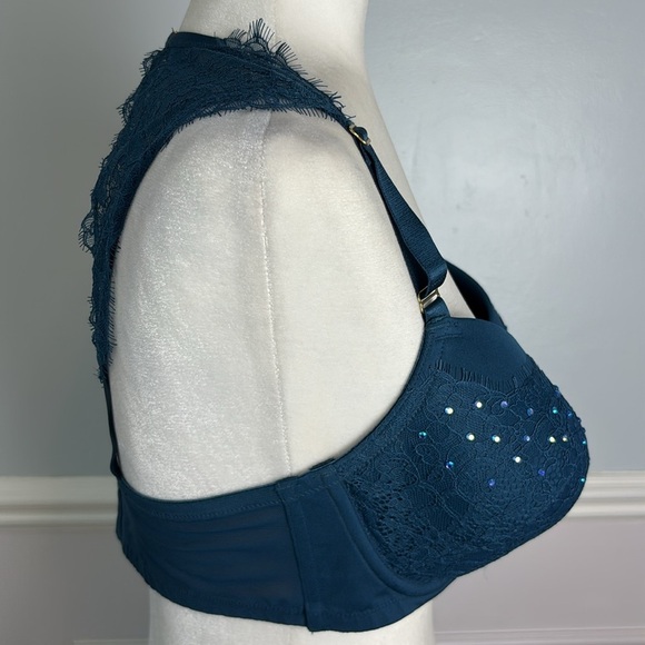 Cacique Blue Rhinestone Embellished Bra Lace Open Back Boho Balconette Sz 38D - Picture 4 of 11
